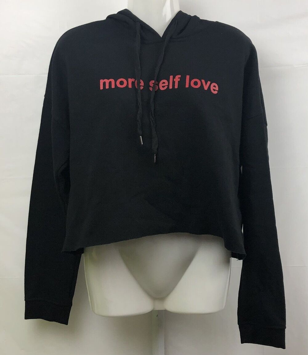 Rue 21 Crop Hoodie Sweatshirt Women Large Black Cotton Stretch More Self Love